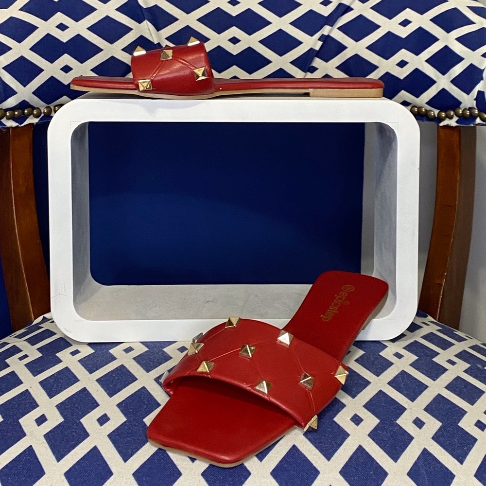 Red and gold studded flat studded slide sandals - Picture 2 of 5